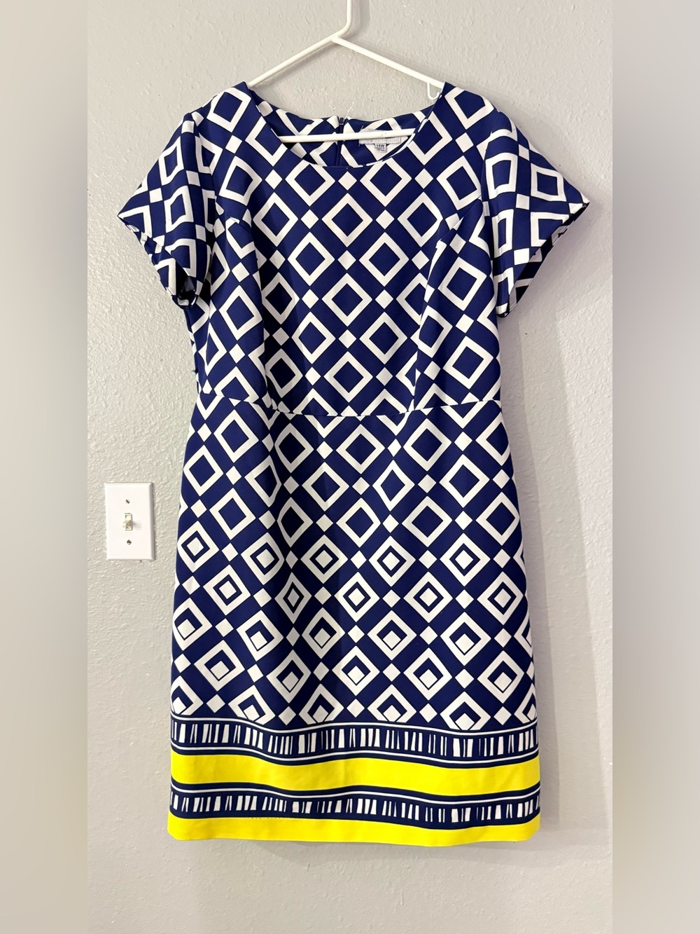 Shelby & Palmer Navy, White and Yellow Geometric Shift Dress